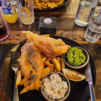 Vegan Fish and Chips, mushy peas with tartar sauce. at Ice  in Bury St Edmunds