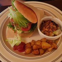 Falafel burger with a side of potatoes and dragonfruit/passionfruit crumble at Little Star Diner - 小明星 in Kaohsiung