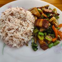 Rice and stir fry with vegan pork at Sinart Veggie in Bangkok