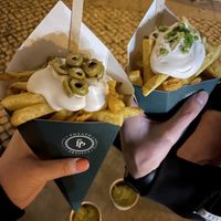 Fries with vegan mayo, size L with olives and size M with jalapeno  at Potato Project in Lisbon