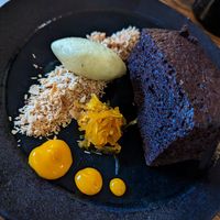Chocolate brownie plus coconut shavings plus sorbet at The Snooty Tavern in St Neots