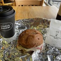 Mushroom burger and coffee with plant based milk options  at Ithaca Bakery - Triphammer in Ithaca