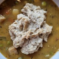 Pea soup with tofu and biscuit at Electric Beets in Brooklyn