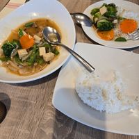 Ginger tofu with a side of jasmine rice. at Gingergrass in St Johns