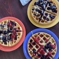 Vegan gf option on the left and the. Vegan waffles on the right with all our choices of toppings.  at The Waffle Lady in St Johns