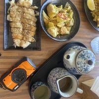 Spicy thai chicken, chilli wontons, jasmine tea  at Kuan Yin Tea House in Southport