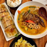 Bacon roll, duck lychee curry, chilli wonton  at Kuan Yin Tea House in Southport