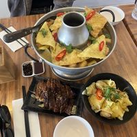 Chicken and tofu hot pot, smoked duck and chilli wontons  at Kuan Yin Tea House in Southport