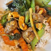 Build your own stir fry with: Thai Basil, cashews, mock duck, broccoli, carrots and ginger    at Arroy in St Cloud