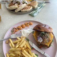 Hummus Falafel Salad and Veggie (Vegana) Burger  at La Bohemia by Copa D‘Oro in Fuengirola