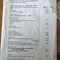 Drink menu at One Earth Cafe in Willoughby