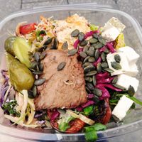 Daily salads + extra tasters (soy filet and feta) at Herbivore Vegan Deli in Bristol