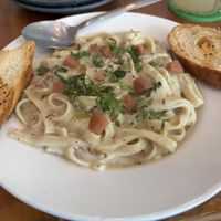 Fettuccine carbonara—scrumptious!  at Salvei in Playa Del Carmen