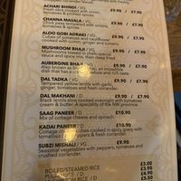 Menu  at Sangam in Manchester