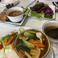 Tofu satay, ribs, rice side and mixed vegetable tofu and rice dish. Soup came as appetiser   at Voila in Kuala Lumpur
