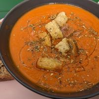 Tomato soup & bread with herb "butter" at Pulse in Edinburgh