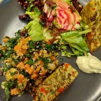 Tray bake and two different side-salads at Pulse in Edinburgh
