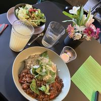 Aubergine, salad, lemon ginger hot drink  at Pulse in Edinburgh