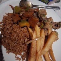 Deep fried mushrooms, salt and pepper chips, fried rice and mock chicken in black bean sauce at Fu Wok Chinese Takeaway  in Liverpool