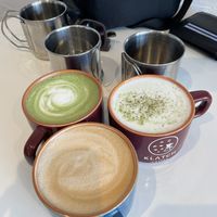 Matcha latte, cappuccino and shell ginger latte  at Klatch Coffee in Ishigaki