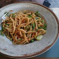 The udon noodle dish (photo taken after some of it had been eaten) 😅 at Hanoi in Athens