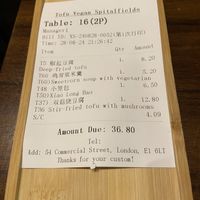 The bill  at Tofu Vegan - Spitalfields in East London