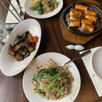 (All from GF menu) Tofu in special sauce, Ho fun noodles, Dongbei potato, green pepper & aubergine   at Tofu Vegan - Spitalfields in East London