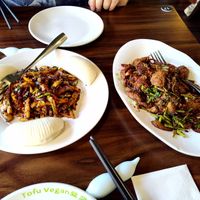 Cumin lamm and stir-fried oyster mushrooms with buns at Tofu Vegan - Spitalfields in East London