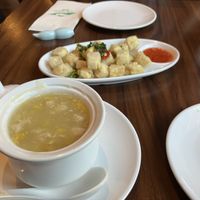 Soup and salt pepper chicken starter  at Tofu Vegan - Spitalfields in East London