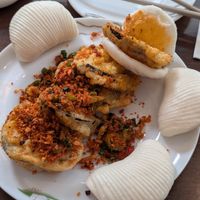 Fried aubergine with house special sauce at Tofu Vegan - Spitalfields in East London