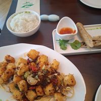 deep fried potatoes and tofu (and spring rolls) at Tofu Vegan - Spitalfields in East London