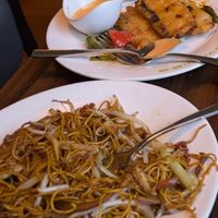 Special fried noodles and twice cooked fisc at Tofu Vegan - Spitalfields in East London