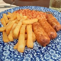 Plant-based version of a pub classic: Vegan sausages, beans and chips at The Man in the Moon in Newport