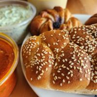 Challah, matbucha, and tzatziki 🤩 at Yogalah Bakery & Café in Pardes Hanna-karkur