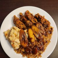 Fried mushroom dinner with 🥔 salad,  plantain, rice and peas at Starving Vegan in Brooklyn