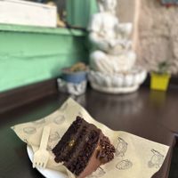 Chocolate with maracuyá - sold by pizzeria, made in the vegan pastelería next door. Delicious   at Vegan Tasty in Santiago