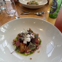Mine: Vegan Feta, beetroot and rhubarb. His: rather spicy pea thing   at Hotel Portmeirion & Castell Deudraeth in Gwynedd