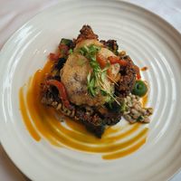 Teriyaki Glazed Maitake Mushroom, Tempura Lion's Main Mushroom, Broccoli, Pearl Barley. at Hotel Portmeirion & Castell Deudraeth in Gwynedd