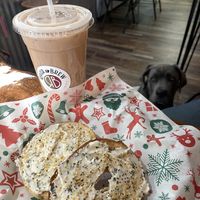 Dairy free Iced Chai tea latte and a bagel (with vegan cream cheese I brought, but they are looking into getting some of their own)   at River Brew Wine And Creamery in New Bern
