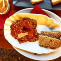 Homemade seitan berliner wurst with warm curry ketchup  at Vaust Braugaststatte in Berlin