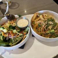 Vegan spicy Thai peanut chick’n and a salad with vegan ranch   at Picazzo's Organic Italian Kitchen in Sedona