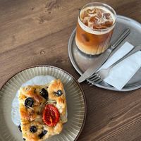 Foccacia and iced vanilla latte at Veggy Delivery in Ankara