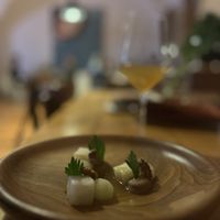 Celery in walnut oil, celery cream, marinated apple, celery juice + mint tea (spices) + spanish wine  at Galerija Okusov in Petrovce