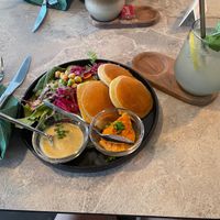 Salty pancakes with salad and dips at greenhouse Café & PopUp in Esslingen