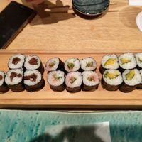 Seaweed rolled sushi with (left to right) seasoned gourd, plum/cucumber and Japanese pickle at Itamae Sushi Shimbashi in Tokyo