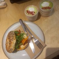 Vegan betsy bagel and coconut matcha latte at EH9 Espresso in Dundee