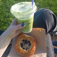 Iced coconut matcha latte and vegan danish pastry at EH9 Espresso in Dundee
