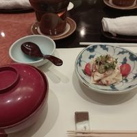Yuba avocado salad, a soup and a soy meat dish that cooks during the meal. at Umenohana Ginza Namiki Dori-Shop in Tokyo