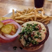 Falafel árabe burger with papas a la francesa at La Hamburgueseria in Bogota