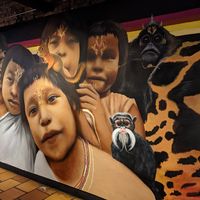 Cool graffiti everywhere inside the place at La Hamburgueseria in Bogota